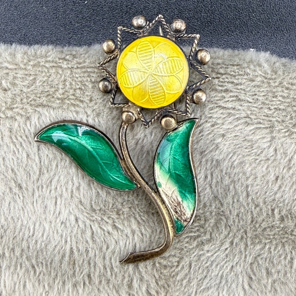 Vintage Sterling Silver Enamel Flower‎ Brooch Sunflower Spring Signed ANA